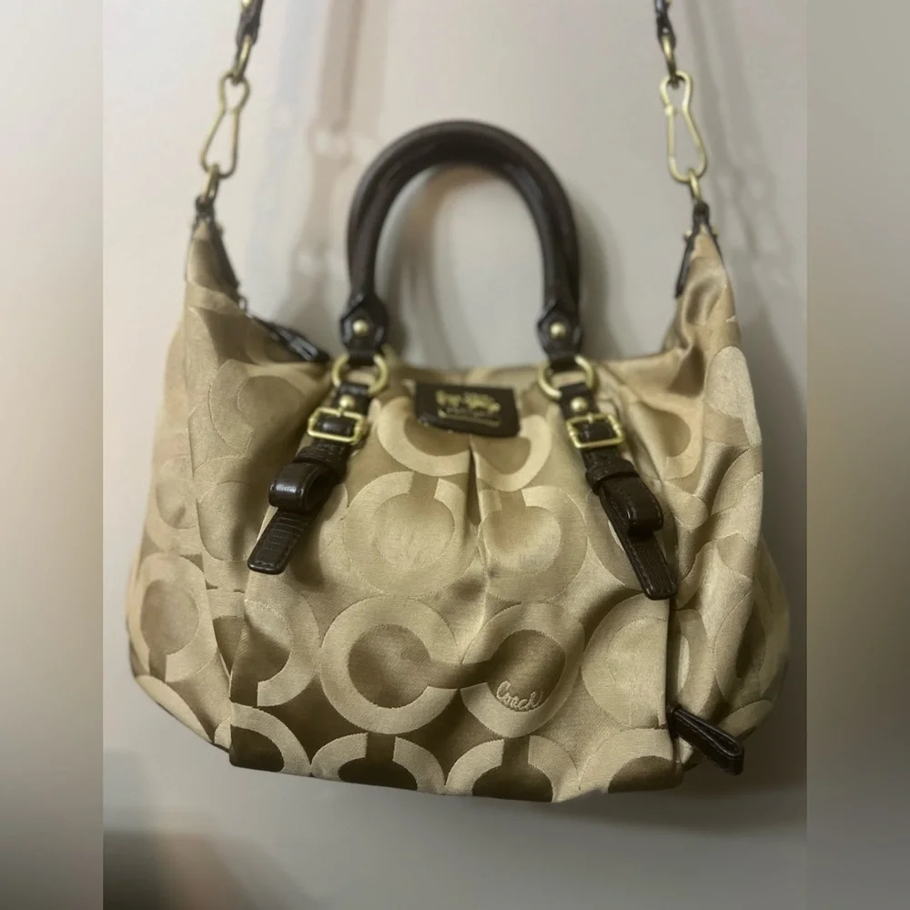 COACH Madison Audry Signature C Logo Khaki Sateen & Leather Shoulder Bag#21124